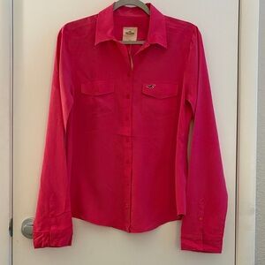 NWT Hollister Bright Pink Button-Up 2 Pocket Front Preppy Shirt SZ L